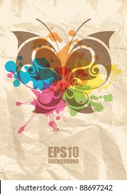 abstract grunge background with color blots and butterfly