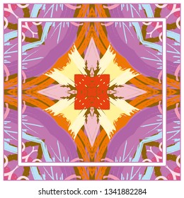 Abstract grunge background, colorful symmetric pattern. Contemporary modern art for silk scarf shawl design. Digital brushstrokes painted texture for textile fabric, paper print. Fashion illustration