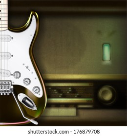 Abstract grunge background with electric guitar and retro radio