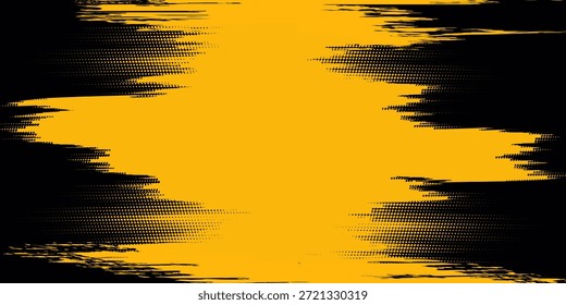 Abstractas fondo grunge con trazos de pincel amarillo con textura de semitono sobre un fondo negro. La combinación de colores de alto contraste crea una