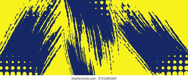 Fundo grunge abstrato com traços de pincel azul marinho arrojado com pontos de meio-tom acentos em um fundo amarelo brilhante. A textura de tinta expressiva e cor de alto contraste
