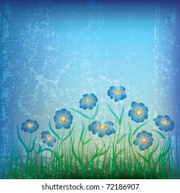 abstract grunge background with flowers and grass on blue