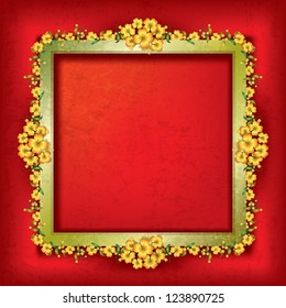 abstract grunge background with gold frame and floral ornament
