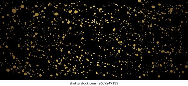 Abstract grunge background with golden gradient splash and splatter texture on a black surface. Luxurious and dramatic design ideal for modern, elegant, or creative compositions