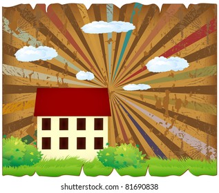 Abstract grunge background with a home located thereon, and the green vegetation