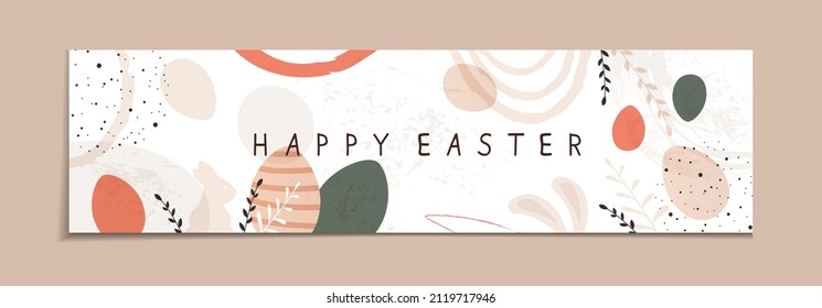 Abstract grunge background with lettering Happy Easter. Easter banner with rabbit, ears, holiday eggs and plants. Illustration with bunny can be used for holiday design, banners, greeting cards.