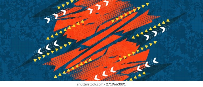 Fondo Abstractas del grunge con los trazos anaranjados del pincel, las Formas de la flecha, y el modelo del semitono. Fondo energético para el Anuncio de eventos deportivos o diseño de pósters