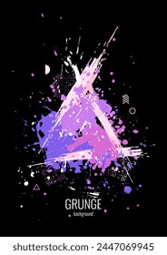 Abstract grunge background. Paint splatters, ink and brush strokes. Bright colors on a black background. Vector illustration. Design for brochure, flyer, cover, invitation.