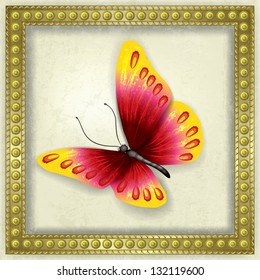 abstract grunge background with red butterfly and frame