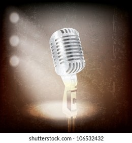 abstract grunge background with retro microphone and spotlights