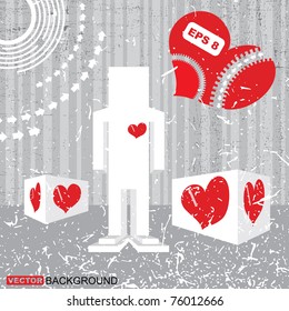 Abstract grunge background with Robot and boxes with hearts