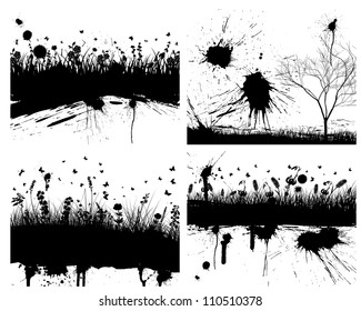 Abstract grunge background set with grass and flowers. Vector illustration;