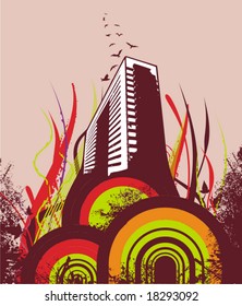 Resumen de fondo de grunge con una silueta de rascacielos, serie de ilustraciones vectoriales.