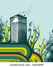 Abstract grunge background with a skyscraper silhouette, vector illustration series.