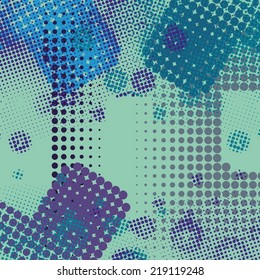 Abstract grunge background with splats and halftone effect.