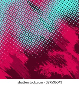 Abstract grunge background with splats and halftone effect.