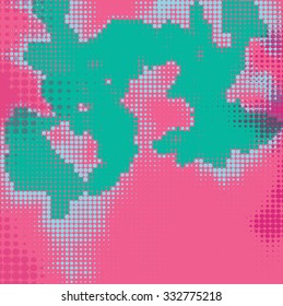 Abstract grunge background with splats and halftone effect.