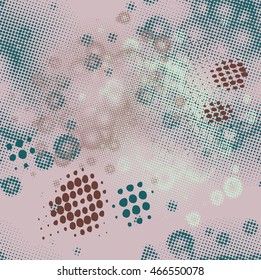 Abstract grunge background with splats and halftone effect.