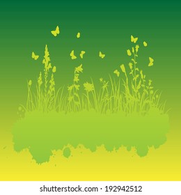 abstract grunge background with spots and silhouettes  of flowers and grass, vector illustration