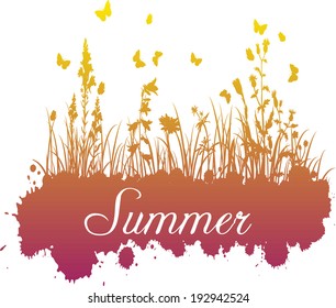 abstract grunge background with spots and silhouettes  of flowers and grass, vector illustration