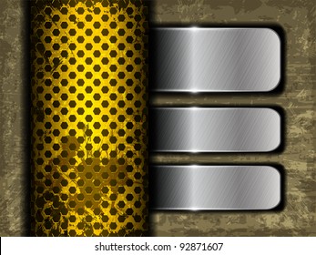 Abstract grunge background with three metallic plate and hexagon perforated pattern. Part of set. Vector art.