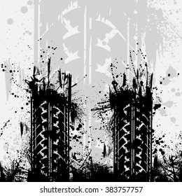 Abstract grunge background with tire track silhouette. eps10