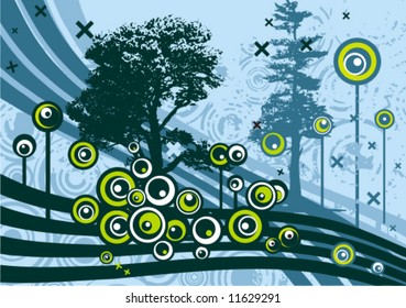 Abstrakter brüchiger Hintergrund mit einer Baumsilhouette, Vektorgrafik-Reihe.