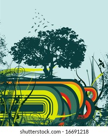 Abstract grunge background with a tree silhouette, vector illustration series.