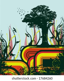 Resumen de fondo de grunge con una silueta de árbol, serie de ilustraciones vectoriales.