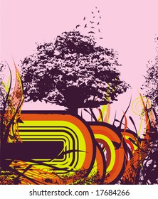 Abstract grunge background with a tree silhouette, vector illustration series.