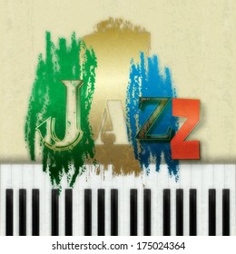 Abstract grunge background with the word jazz and piano