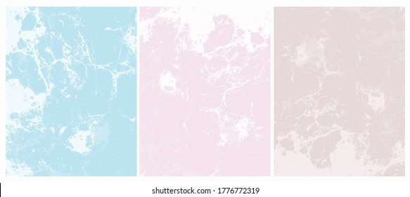 Abstract Grunge Backgrounds. Delicate Abstract Marble Vector Layout. White Irregular Lines on a Light Blue, pastel Pink and Beige Backgrounds. Soft Marble Stone Style Art. Pastel Color Design.