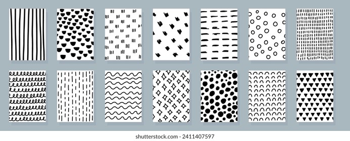 Abstract grunge backgrounds. Vector illustration set. Hand drawn simple doodle texture. Abstract posters with lines, dots, and stars. Black and white colors