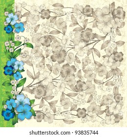 abstract grunge beige background with blue spring flowers