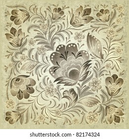 abstract grunge beige background with grey floral ornament