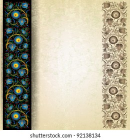 abstract grunge beige background with spring floral ornament on black