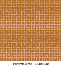 Abstract grunge bicolor irregular dotted horizontal halftone seamless vector pattern. Mustard dots on pink background. Surface pattern design for fabric, wallpaper, scrapbooking projects.