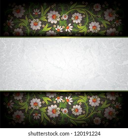abstract grunge black background with white floral ornament