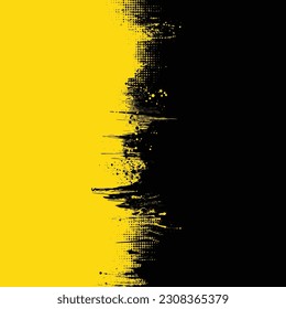 Abstract grunge black ink blots line with halftones and splashes with yellow background
