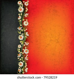 abstract grunge black red background with floral ornament