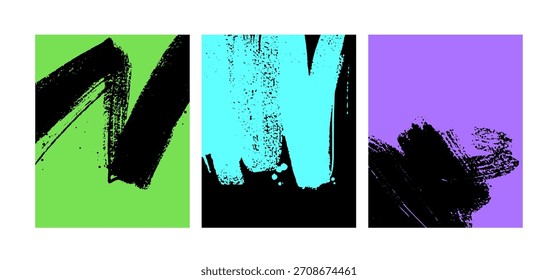 Abstractas textura de trazo de pincel áspero negro grunge. Conjunto de Anuncio. Tinta de acuarela pintada a mano fondo dañado con líneas en zigzag negrita. Ilustración vectorial