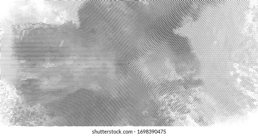 Abstract grunge black and white halftone pattern. Half tone  panoramic vector illustration with dots. Modern polka dots wide background for web design, leaflets, print