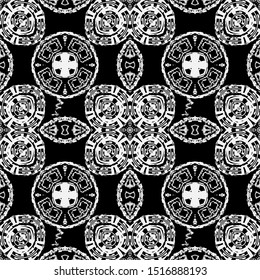 Abstract grunge black and white vector seamless pattern. Monochrome modern ornamental background. Elegant grungy  tribal ornament with ancient greek key meanders, symbols, signs, zigzag lines, shapes.