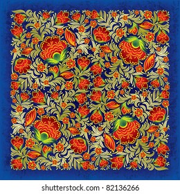 abstract grunge blue background with color floral ornament