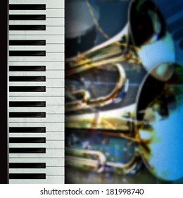abstract grunge blue music background with trumpets and piano