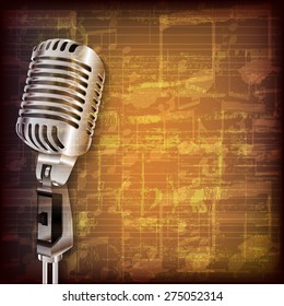 abstract grunge brown cracked music symbols vintage background with retro microphone
