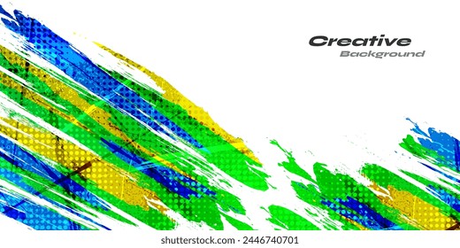 Abstract Grunge Brush Background with Blue, Green and Yellow Gradient Colors and Halftone Effect. Sports Background with Dots Pop Art Style