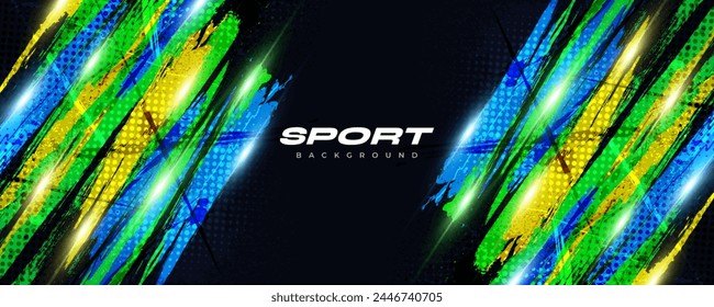 Abstract Grunge Brush Background with Blue, Green and Yellow Gradient Colors and Halftone Effect. Sports Background with Dots Pop Art Style