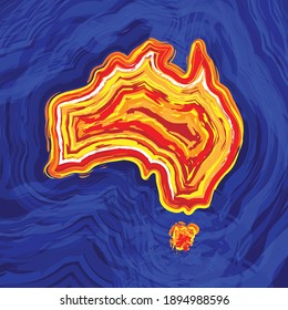 Abstract grunge brush blue background with orange Australia continent map. Happy Australia Day sample background