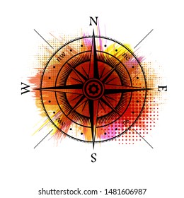 Abstract grunge brush circle frame with black windrose silhouette